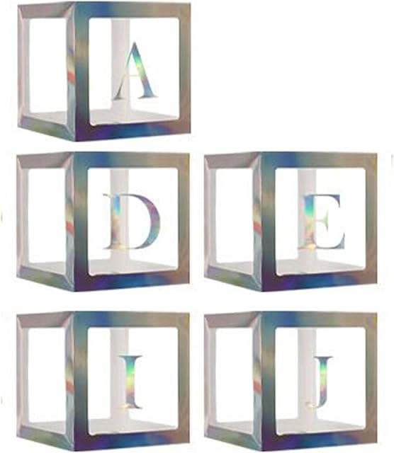 Balloon Box Decorations | 52 Letters (2-Sets of A-Z) for Custom NAME, Birthday Party, Baby Shower Decor, Gender Reveal Decorative Blocks (Sliver 5 Boxes and 52 Letter)