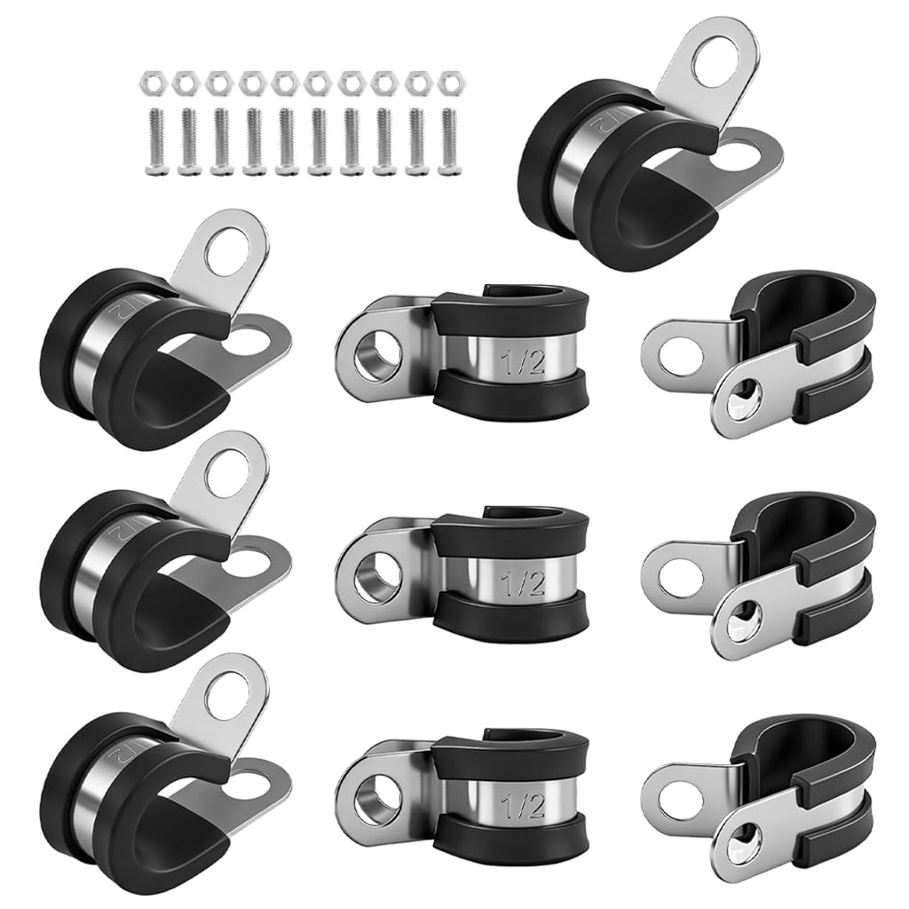 Serplex Stainless Steel Cable Clamp Rubber Coated R Type Clamp Set for Pipe | 10Pcs 1/2 Inch Cable Clamps with 10 Pairs of Bolts Accessories, Rubber Coated Cushioned Pipe Clamps for Wire Installation-picture-16