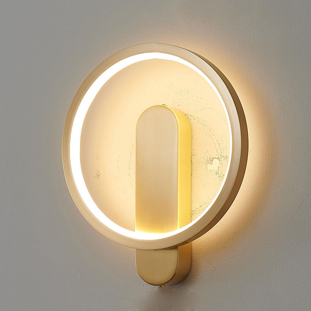 JYBNBBE Copper Led Wall Light Modern Round Wall Mount Lamp Indoor Atmosphere Wall Sconce, 3000K/4000K/6000K Adjustable, 11W Brass Shome Decor Lighting Fixture for Bedroom Bedside,Brass Color