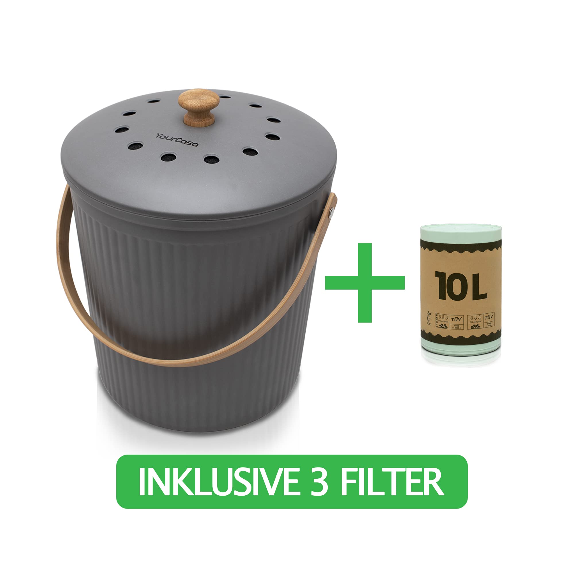 YourCasa® Kosz na kompost kuchenny – 6 l – na codzienne odpady organiczne – zmywalny – ekologiczny kosz na śmieci z pokrywką i filtrem + 80 biodegradowalnych worków na śmieci (ciemnoszary)