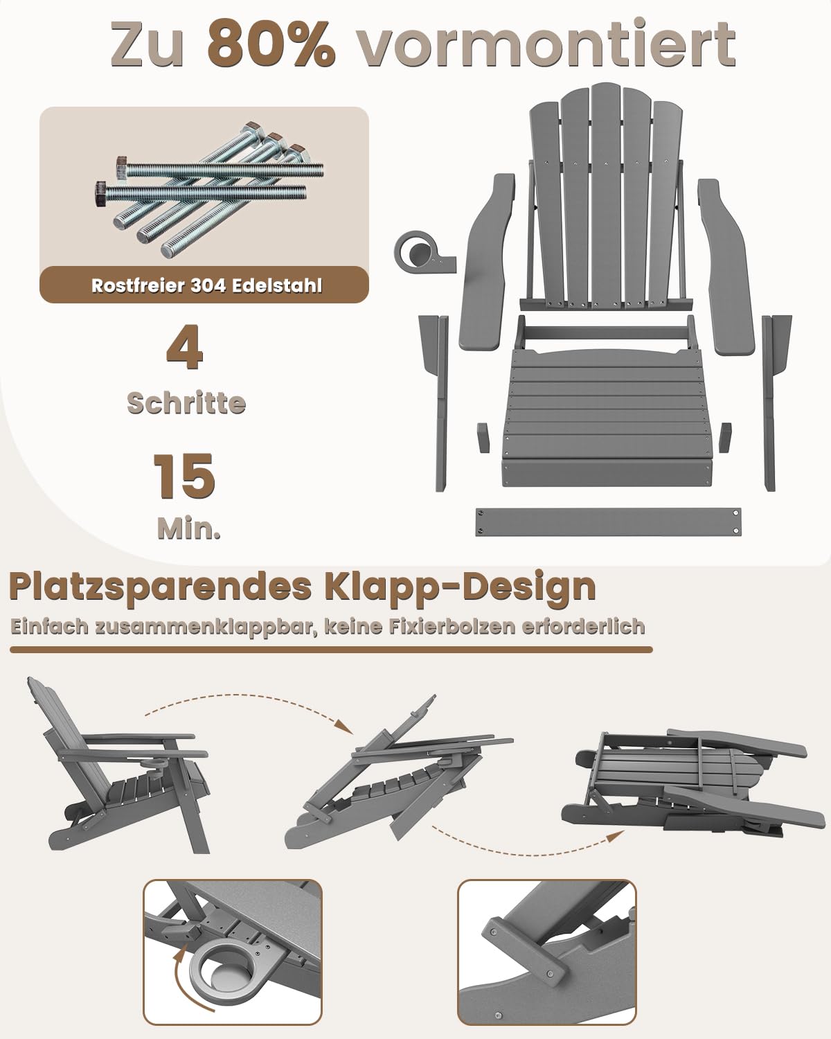Klappbarer Adirondack Chair mit Breiten Armlehnen, Terrassenstuhl aus HDPE, Wetterfester Balkonstuhl & Relaxstuhl, Grau Matt