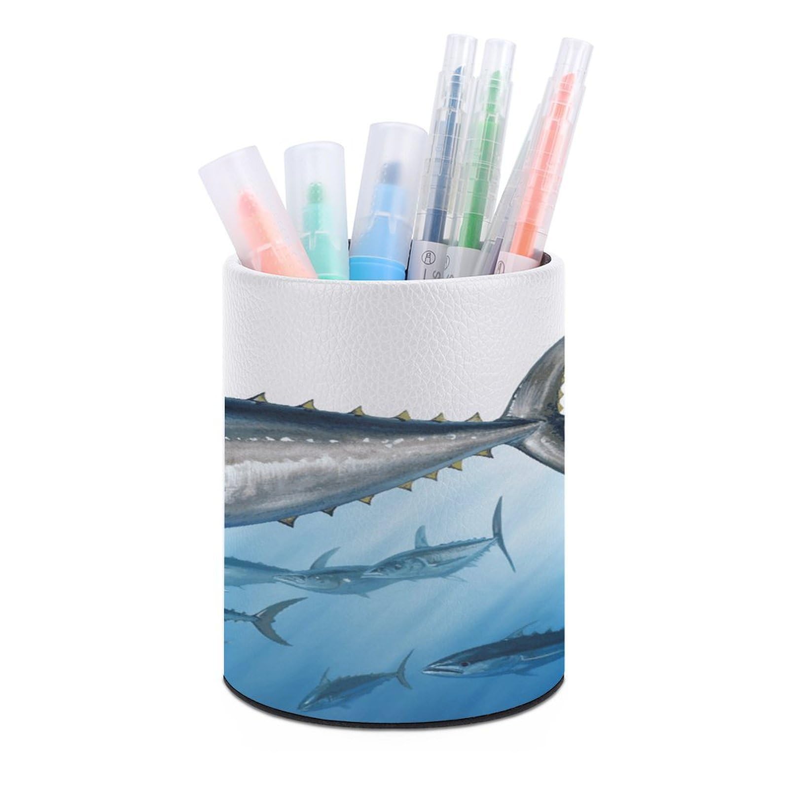 FekiLoot Bluefin Tuna Thunnus Pen Holder Cup Fashion PU Leather Pencil Cup Minimalist Pen Organizer Round Pencil Holder Stand Work Locker Accessories for Decoration Desk Office Home