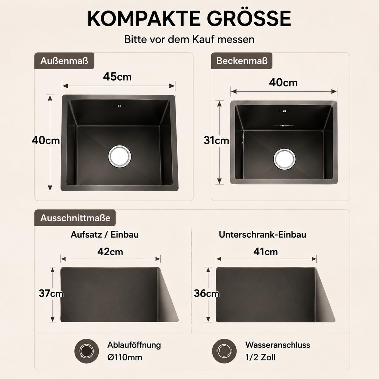 Lavandino 45 x 40 cm con rubinetto da cucina estraibile, lavastoviglie, dispenser di sapone e scolapiatti – Lavello da incasso multifunzione in acciaio inox 201 con rivestimento nano – Grigio Gun-