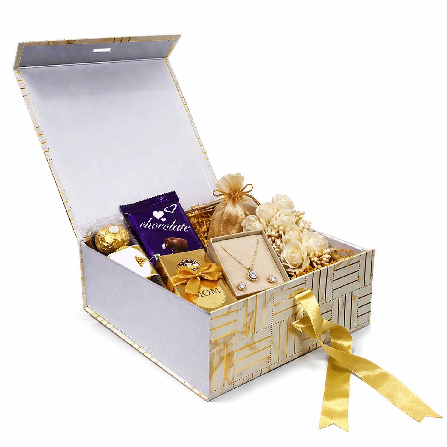 Aakriti Marble Gold Foil Gift Box Medium | 26 x 26 x 10 cm Hamper Box for Gifts, Chocolates & Jewellery Empty Gift Box with Satin Ribbon | Holds Up to 8 kg | Floral White Gold (1 Pack) (1 Pack)-image-31