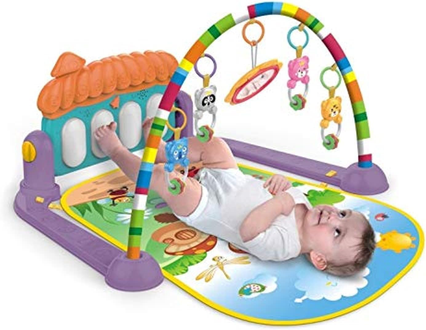 Delopik Large Play & Learn Infant Gym Toys Piano Activity - Baby Kick and Gym Play Mat Lay & Play 3 in 1 Fitness Music and Lights Fun Piano for 4-36 Months Girl Boy- Disassemble and Washable(FR-60)
