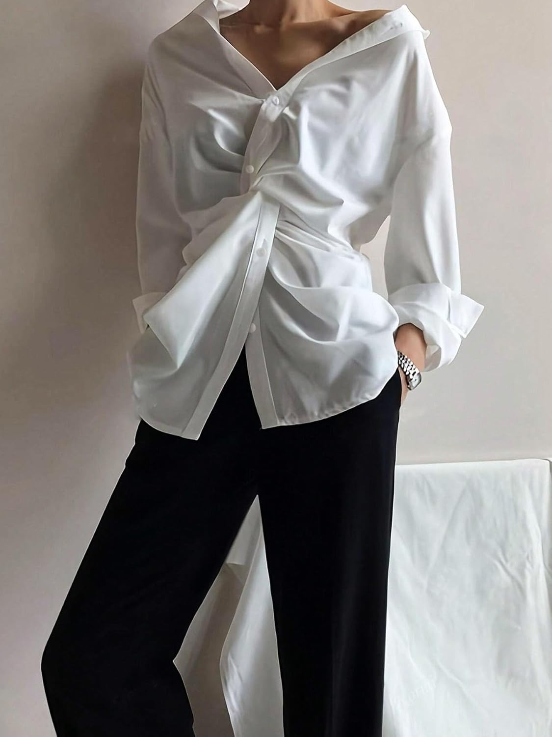 Women's Elegant Asymmetrical Button Down Shirt for Spring/Summer Long Sleeve Classic Dressy Office Blouse Tops - Image 2