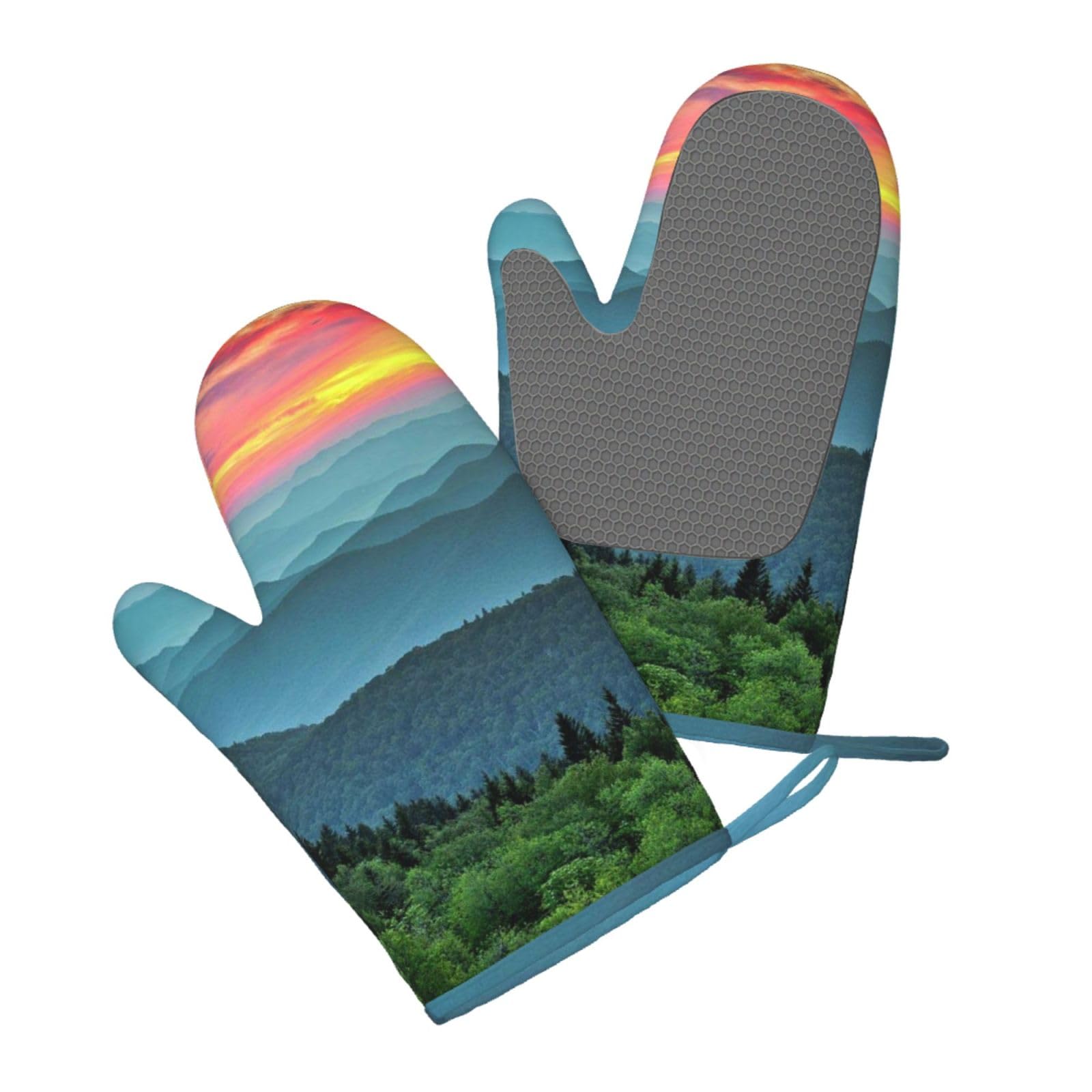 Aqrjlpo Women's Mountain Sunset Silicone Oven Mitts Set 2Pcs, Printed Heat Resistant Non-Slip Silicone Oven Gloves For Kitchen Cooking Baking Microwave