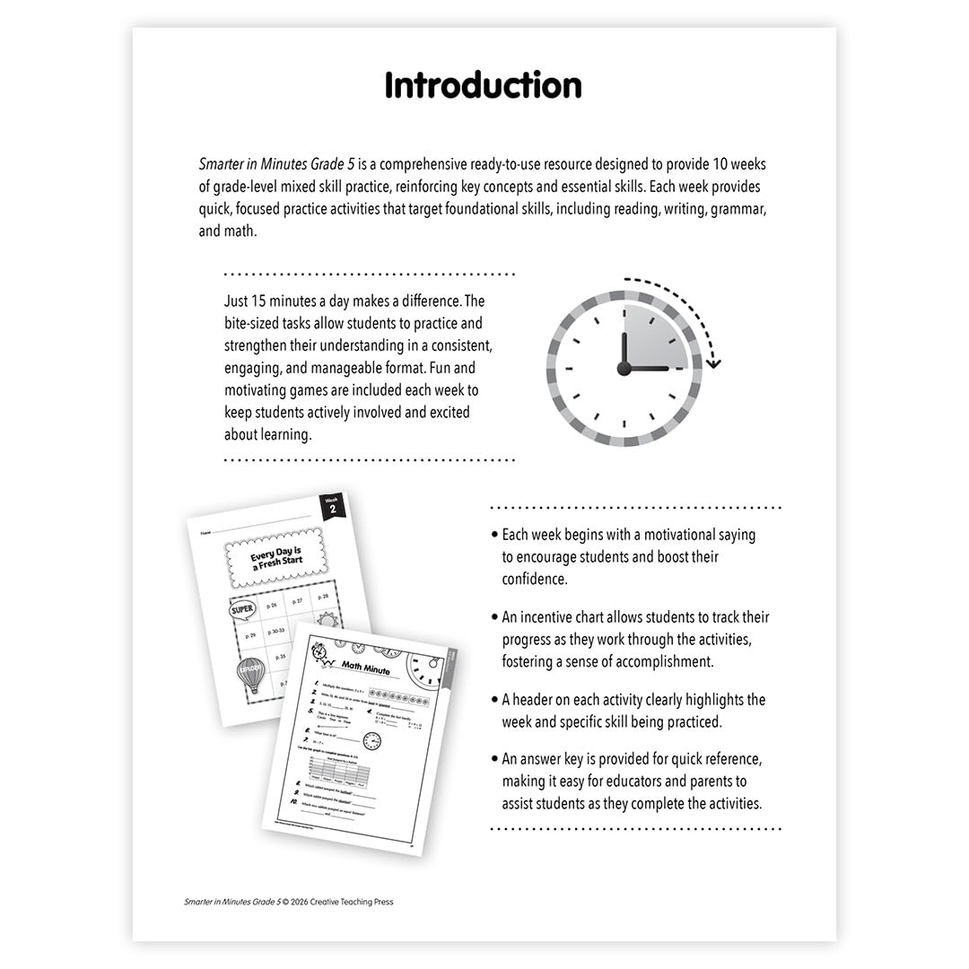 Creative Teaching Press Smarter in Minutes Grade 5 – 10 Weeks Reading, Writing & Math Practice, Daily Practice Workbook for Grade 5 Homeschool, Test Prep & Summer Review (CTP 11122)