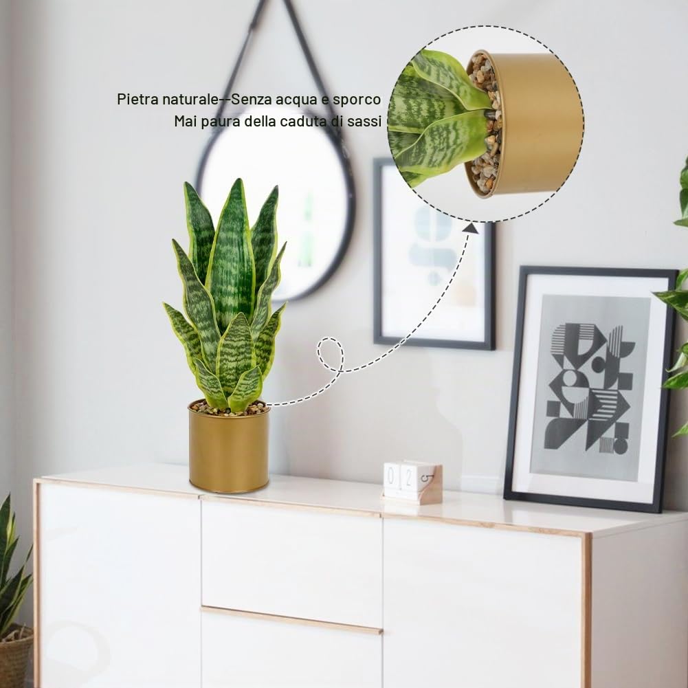 Oairse Pianta artificiale serpente da 44cm in vasi di metallo dorato, piante finte in vaso decorative, pianta Sansevieria finta artificiale, piante artificiali da interno per casa bagno cucina camera