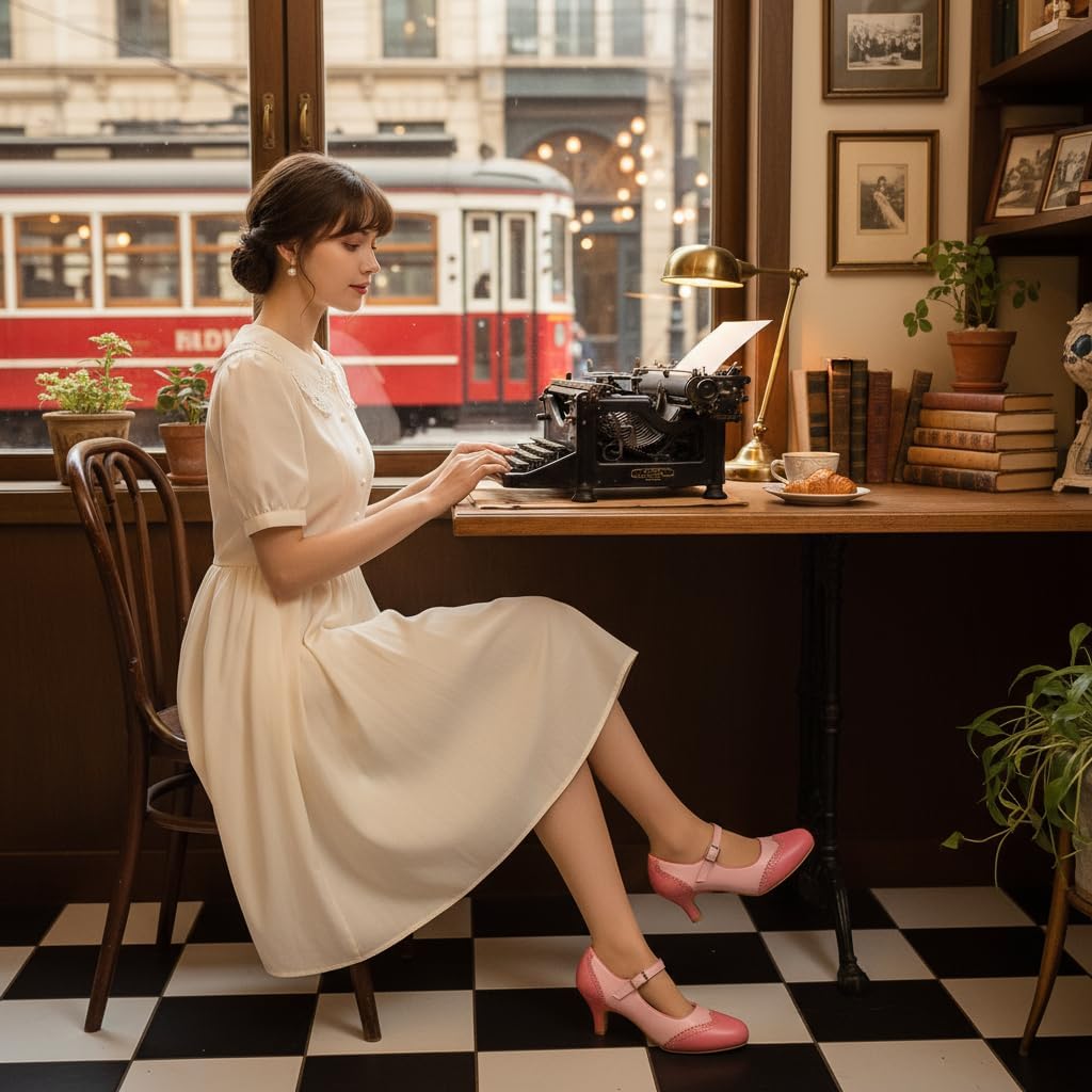 Rjclyh Women's Mary Jane Double-Tone Oxford Pumps Comfortable Low Kitten Heels Retro Ankle Strap Round Toe Dress Shoes Pink US 7.5 - Image 3