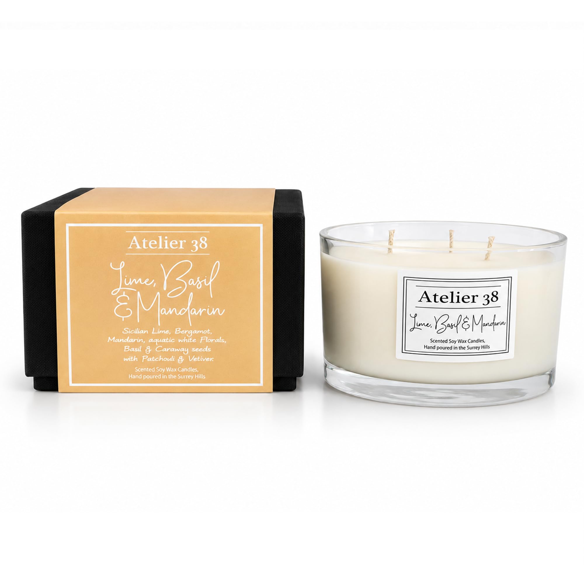 Atelier 38 Lime Basil & Mandarin 3 Wick Scented Candle 400g - Luxury Soy Candle, Up to 40 Hour Burn Time, Large Candle Home Fragrance, Long Burning Candle, Housewarming Gift, Made in Surrey Hills