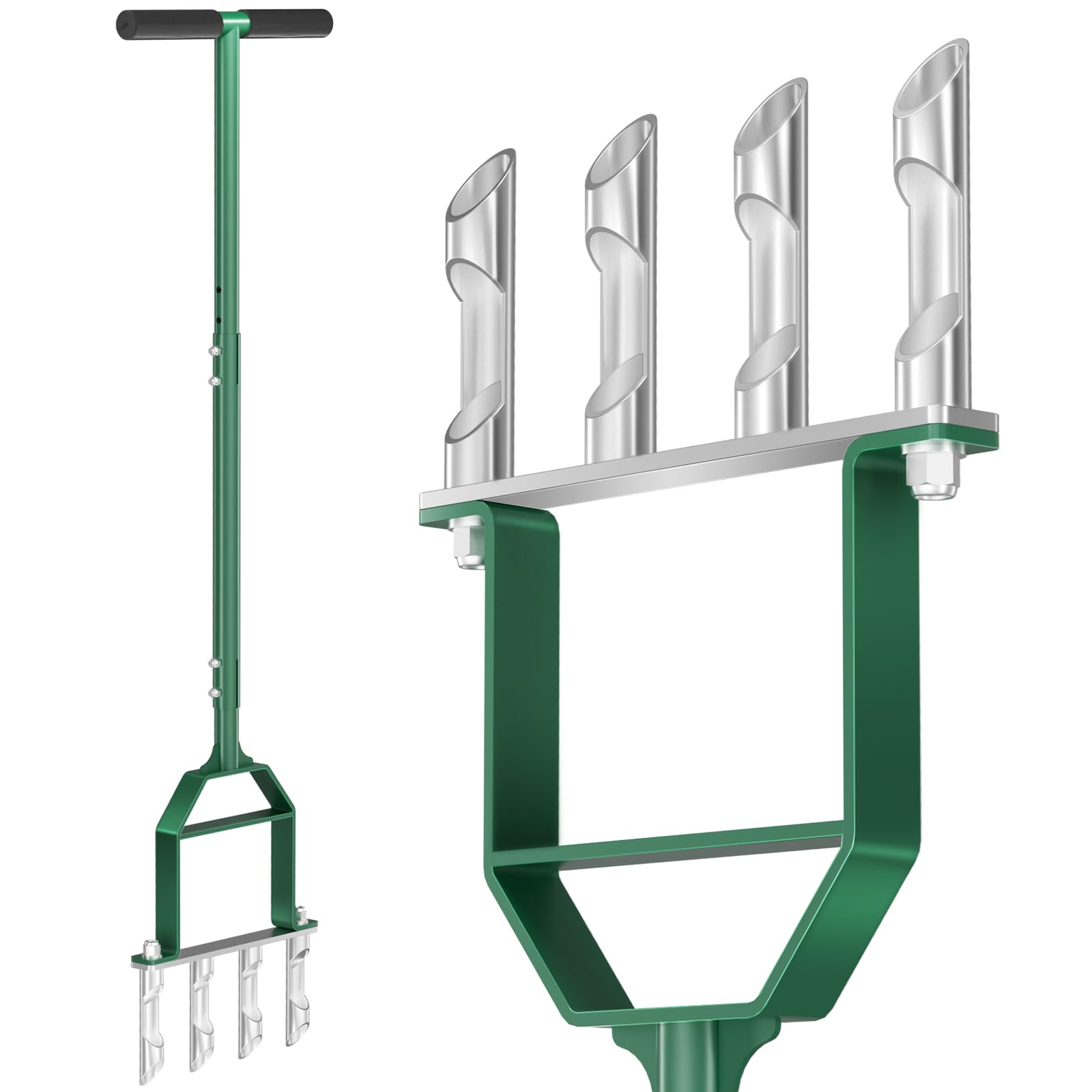 Suntee Lawn Aerator Tool, Manual Core Aerator Lawn Tool with 4 Stainless Steel Hollow Tines, Adjustable Height Semi-Assembled Heavy Duty Steel Grass Aeration for Lawn Care, Green