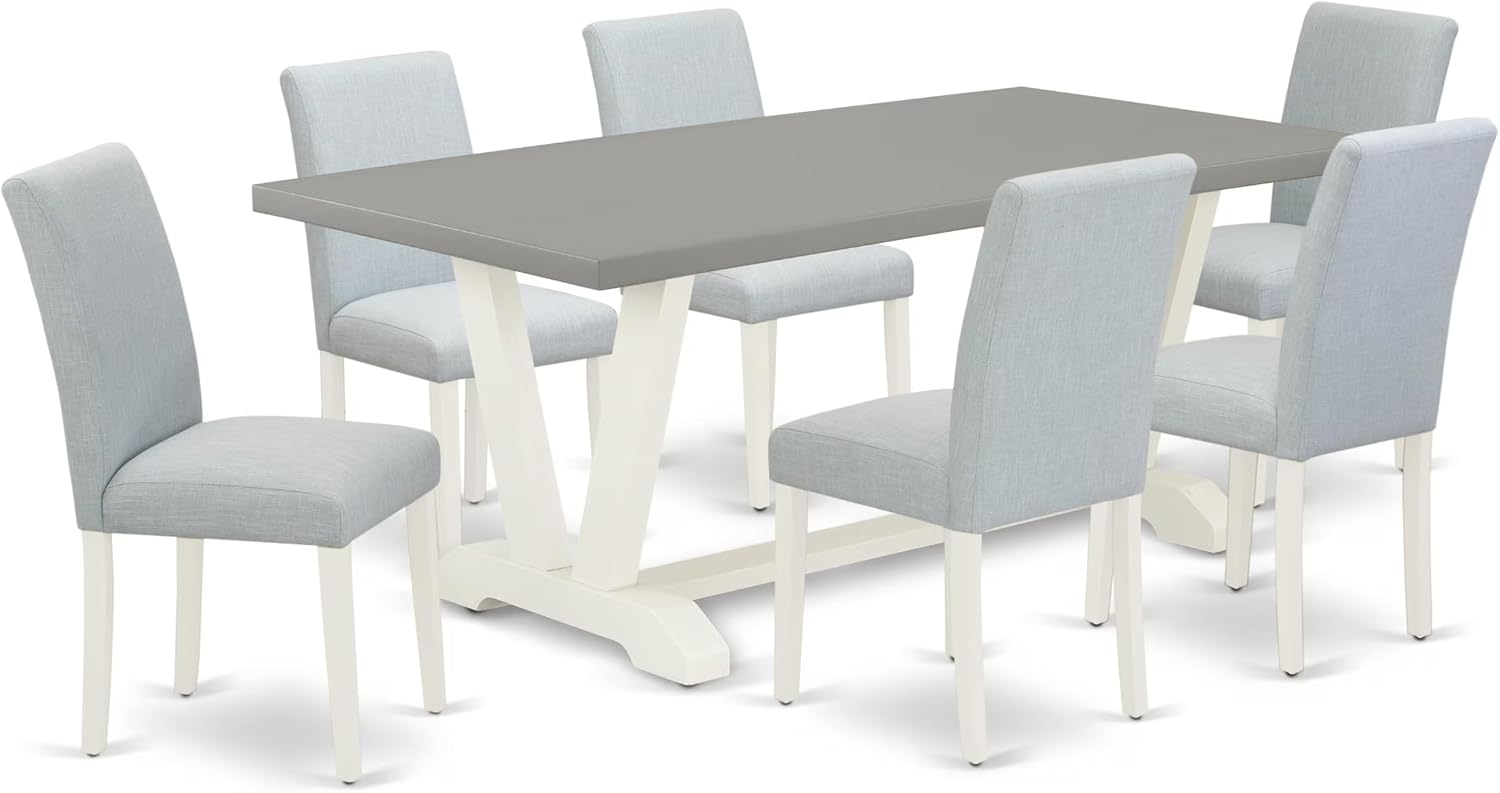 East West Furniture V097AB015-7 7 Piece Kitchen Table Set Consist of a Rectangle Dining Table with V-Legs and 6 Baby Blue Linen Fabric Parsons Dining Chairs, 40x72 Inch, Multi-Color