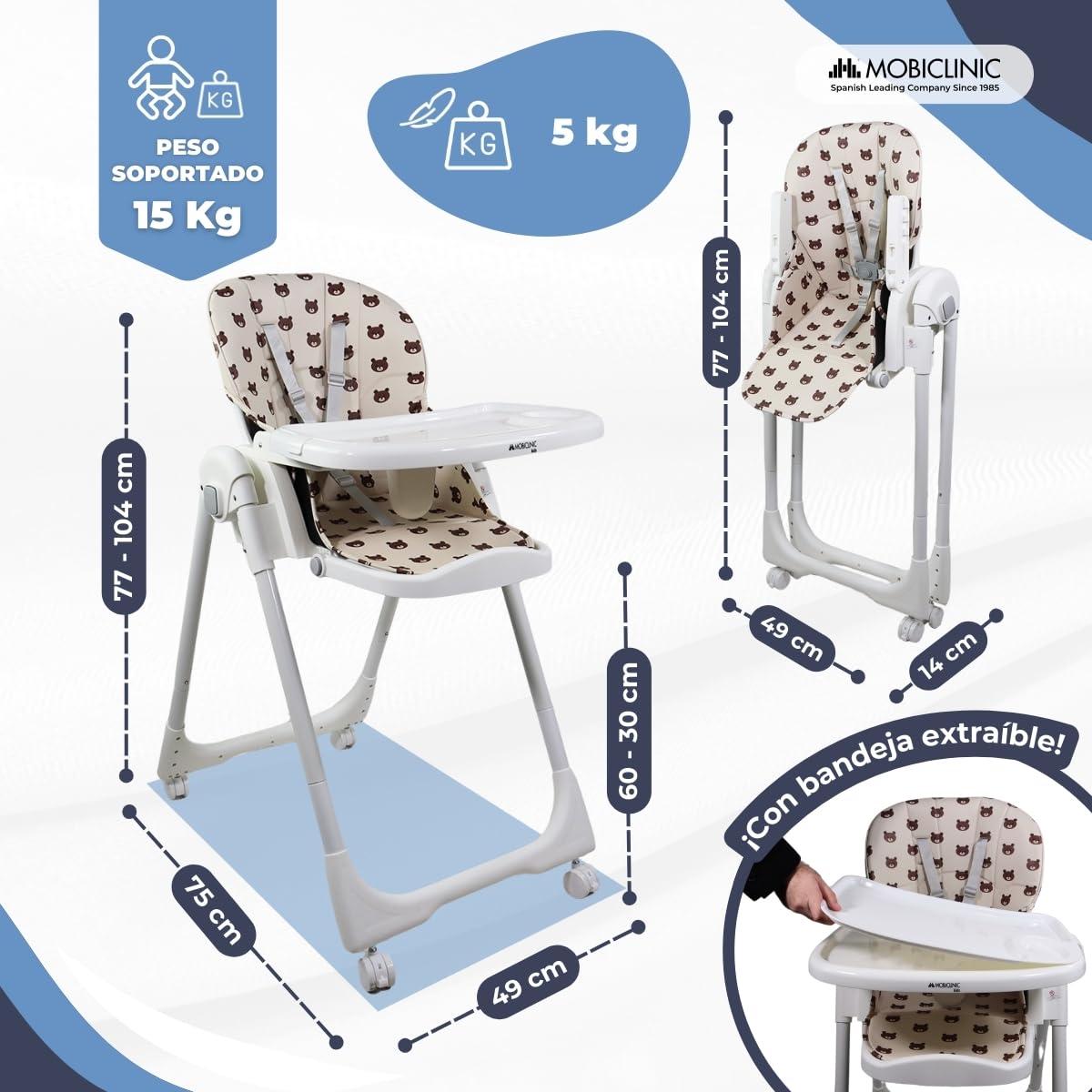 Mobiclinic®, Trona para Bebé, Extraplegado, Evolutiva Silla Alta, Reclinable, Regulable 7 Posiciones, Infantil, Arnés con 5 Puntos, Hasta 15 kg, Doble Bandeja Desmontable, Lavable, Frenos, Simba