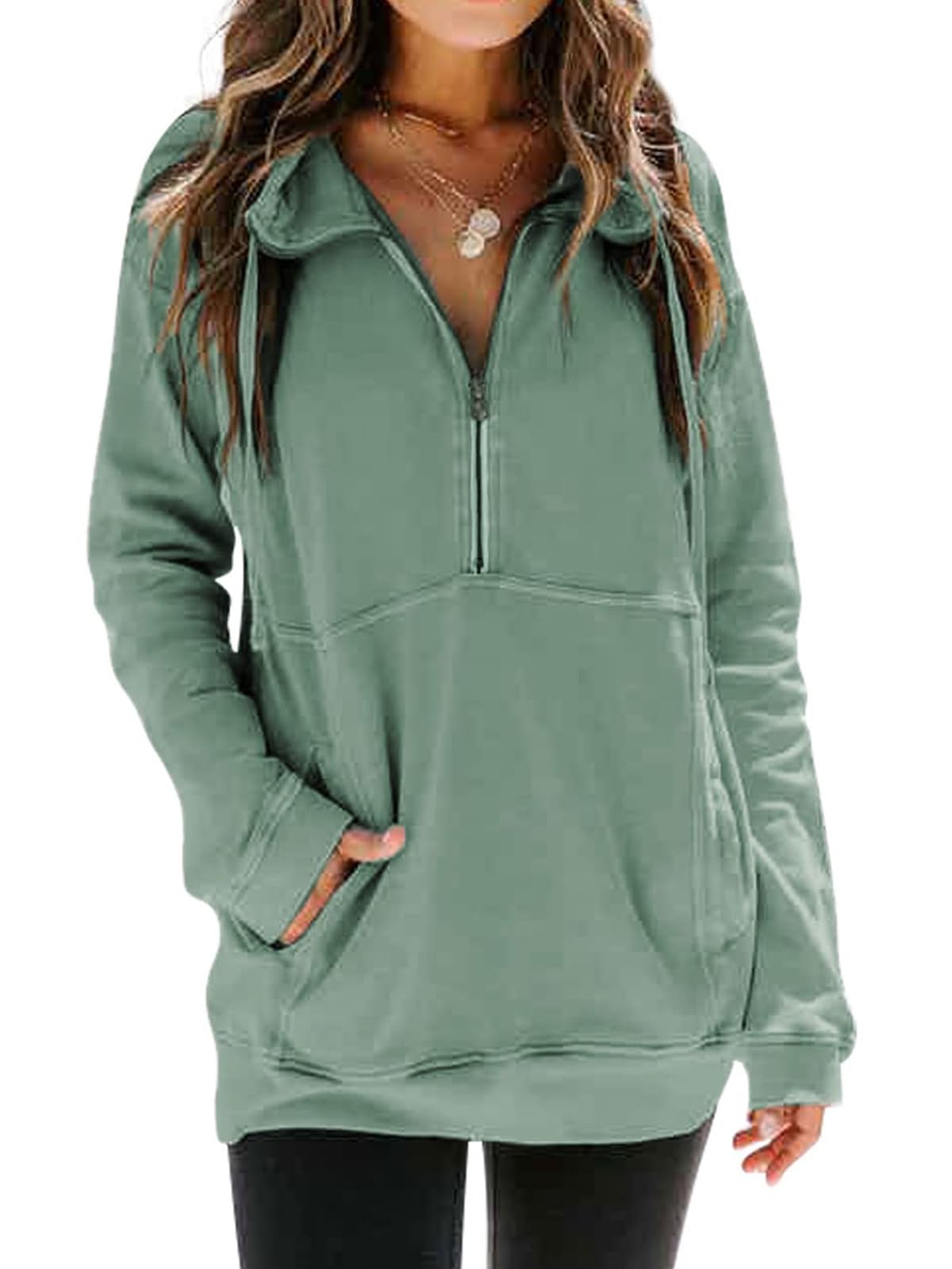 Ladmous Women’s Casual Long Sleeve Half Zip Sweatshirt Lapel Drawstring Oversized Pullover Tops with Pockets（S-2XL