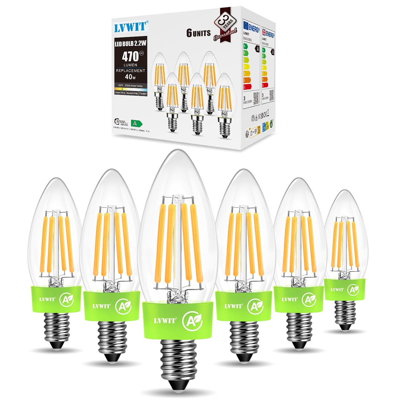 LVWIT 2.2W E14 LED Warmweiss A, Filament Lampe Glühfaden C35, 2700K Warmweiß, 470 Lumen Glühbirne, ersatz 40W, Rustikalampe Kerzenform, Nicht Dimmbar (6er Pack) Energieklasse A
