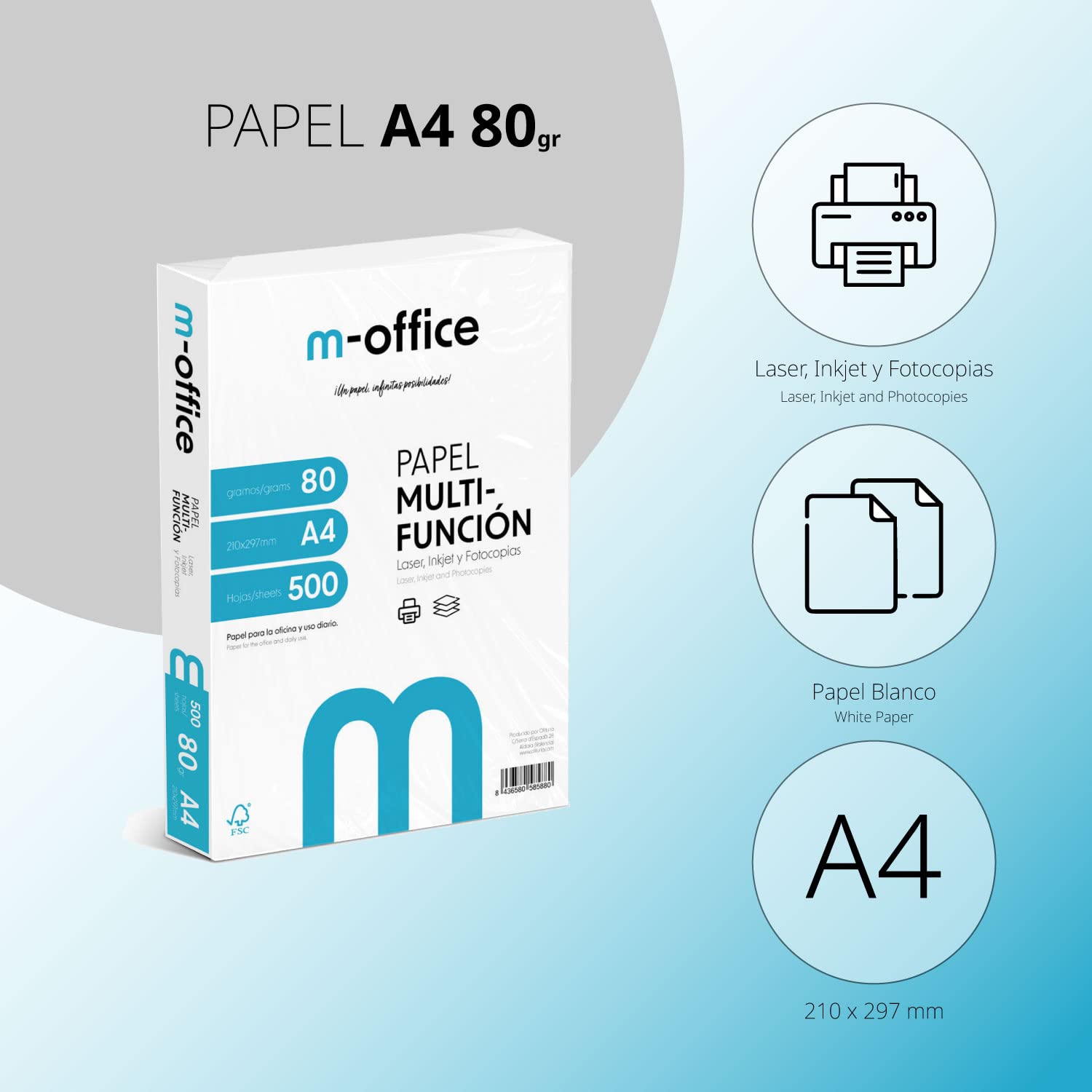 Paquete Folios A4 80gr, 2 Paquetes de 500 hojas, Papel Multifunción para Impresora Inkjet y Láser, Hojas A4 210 x 297 mm Ideales para la Oficina como para el Hogar · m-office (1000 hojas)