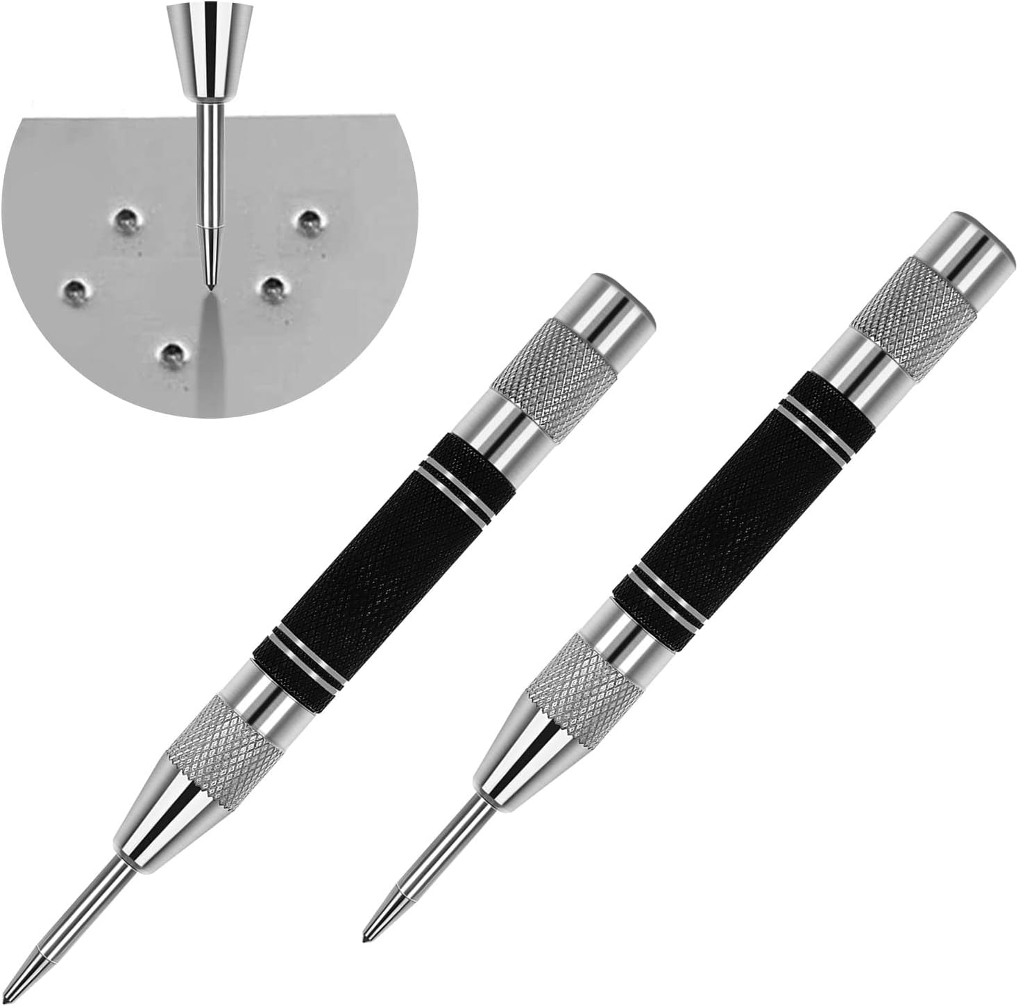 Cobee 2 Pack Heavy Duty Automatic Center Punch with Adjustable One-Handed Spring Impact, Spring Loaded Tension Center Push Tool Center Hole Punch Tool for Machinists, Carpenters(Black, Silver)
