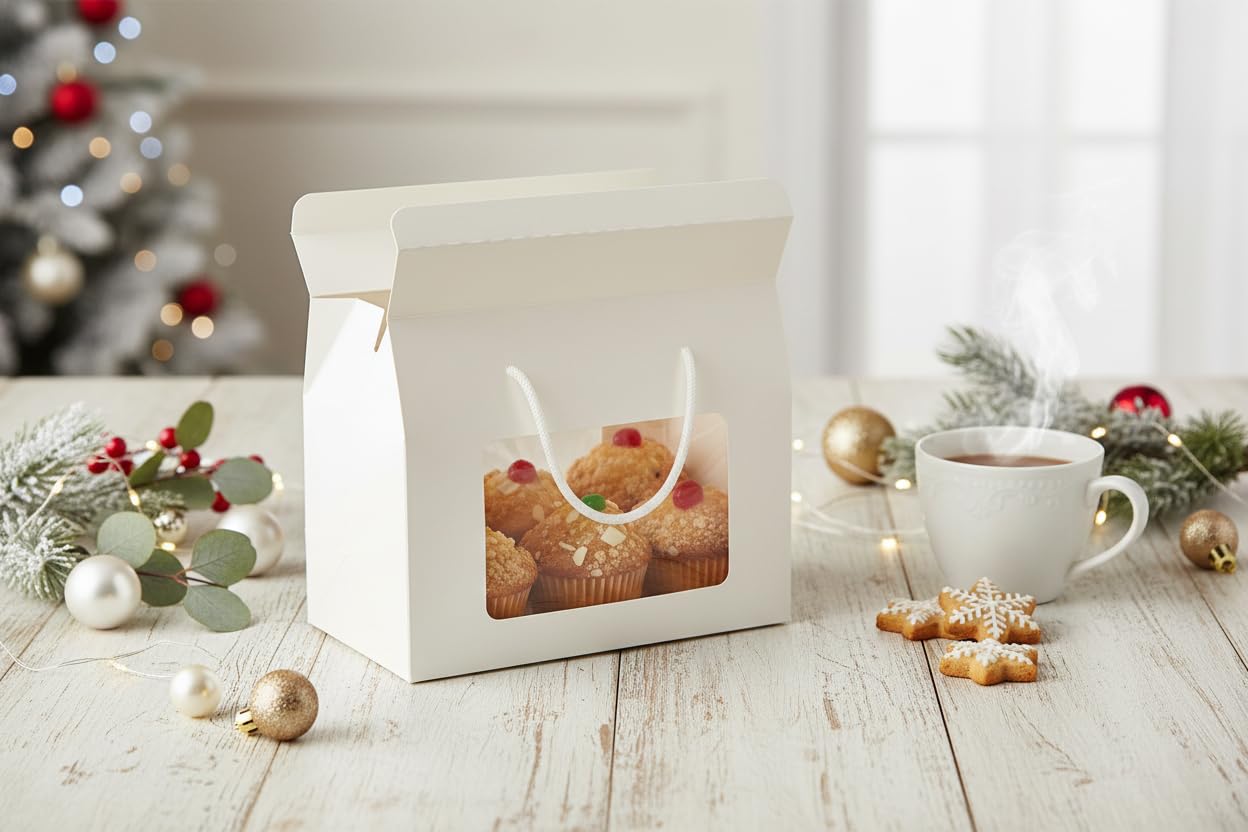 Emartbuy Weiße Kraft-Geschenkboxen mit Fenster & Griff - Größe 2 (20 × 15 × 11 cm) - Luxus-Präsentationsboxen für Bäckerei & Firmengeschenke - 96 Stück