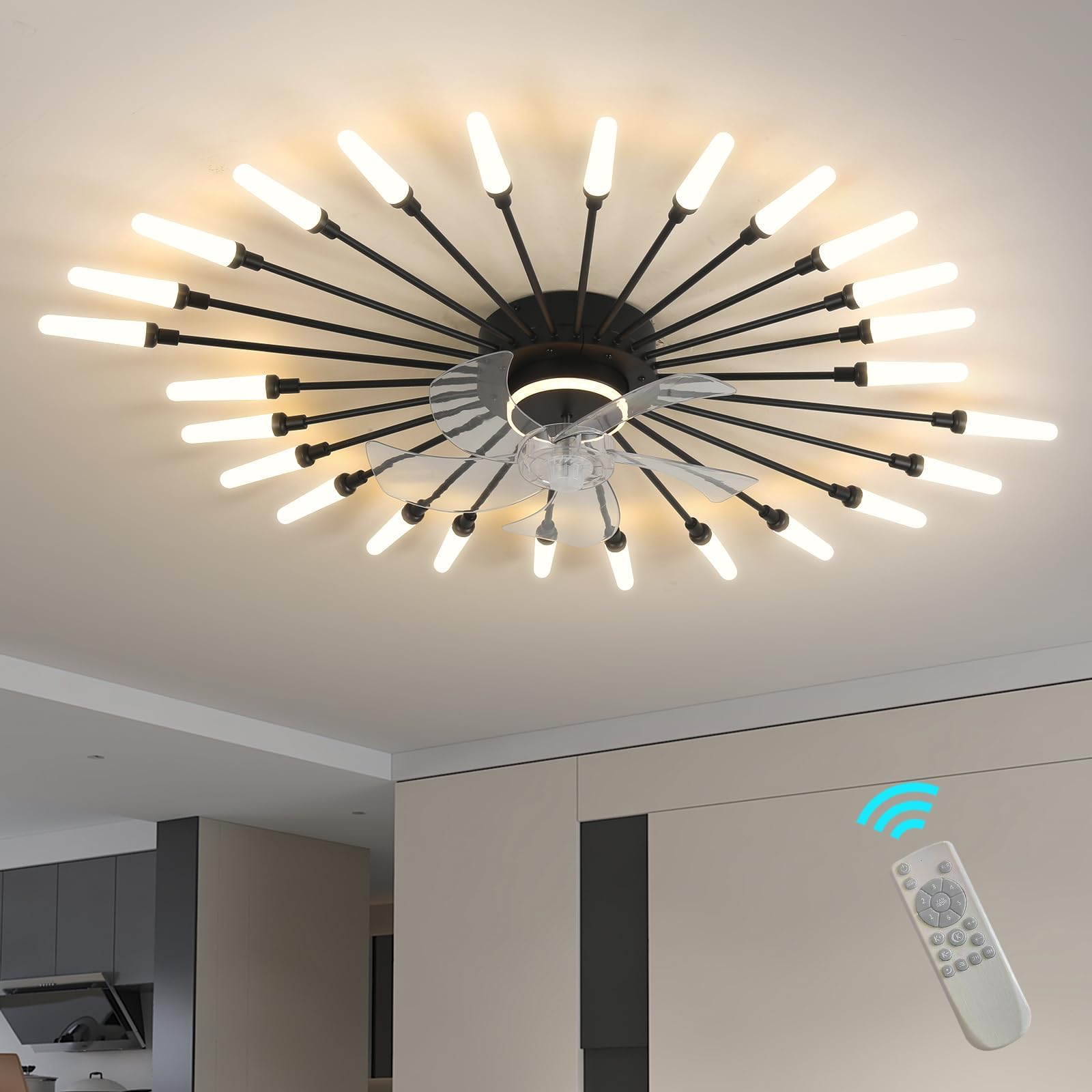 Modern Bladeless Ceiling Fan with Lights, 39" Low Profile Flush Mount Ceiling Fan with Remote, Stepless Dimming 3000–6000K LED, 6-Speed Reversible Quiet Fan for Bedroom, Living Room, Kitchen, Black