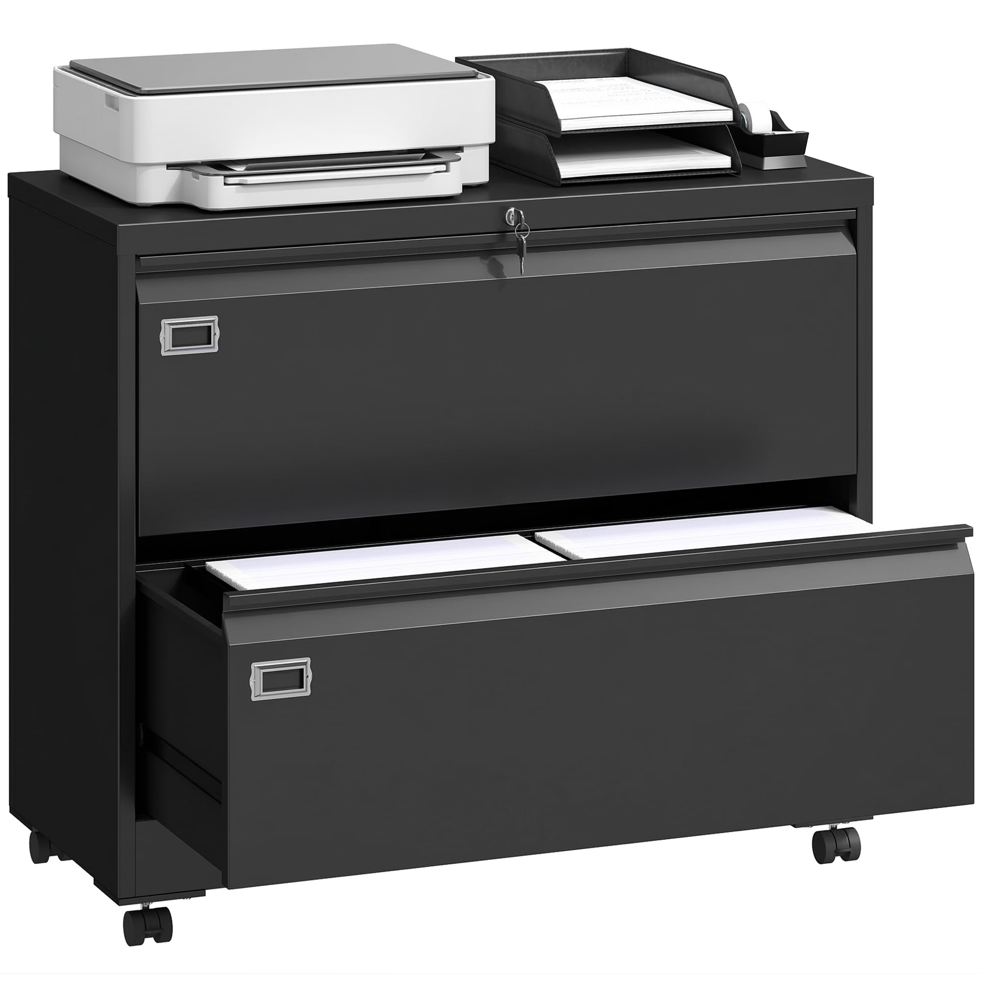 HOMCOM Rollcontainer mit 2 Schubladen mobiler Aktenschrank mit Rollen abschließbar Büroschrank mit verstellbarem Hängeregistratur, Schubladenschrank für Büro, Homeoffice, 90 x 40 x 77,4 cm, Schwarz