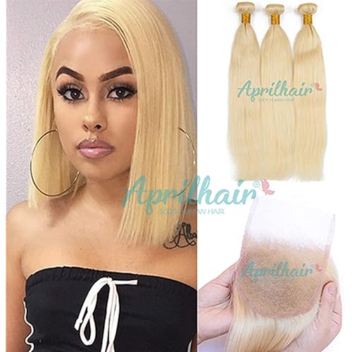 Aprilhair #613 Platinum Blonde Silk Straight Brazilian Virgin Human Hair 3 Bundles With Free Part 4x4 Lace Closure (ST 10+10 10 10)