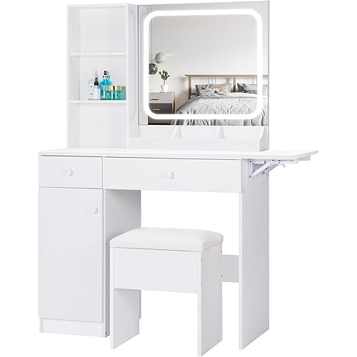 Vanity Desk with Mirror and LED Lights, Makeup Vanity Table with Charging Station, Storage Drawers, Shelves, Adjustable Cabinet & Stool, Perfect for Bedroom or Dressing Room, White