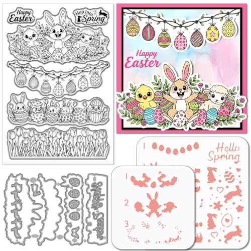 GLOBLELAND Juego de sellos de silicona con diseño de conejo, huevos de Pascua, bordes de troquelado, tulipanes, esquinas, plantillas para colorear para mascotas, juego de plantillas para hacer