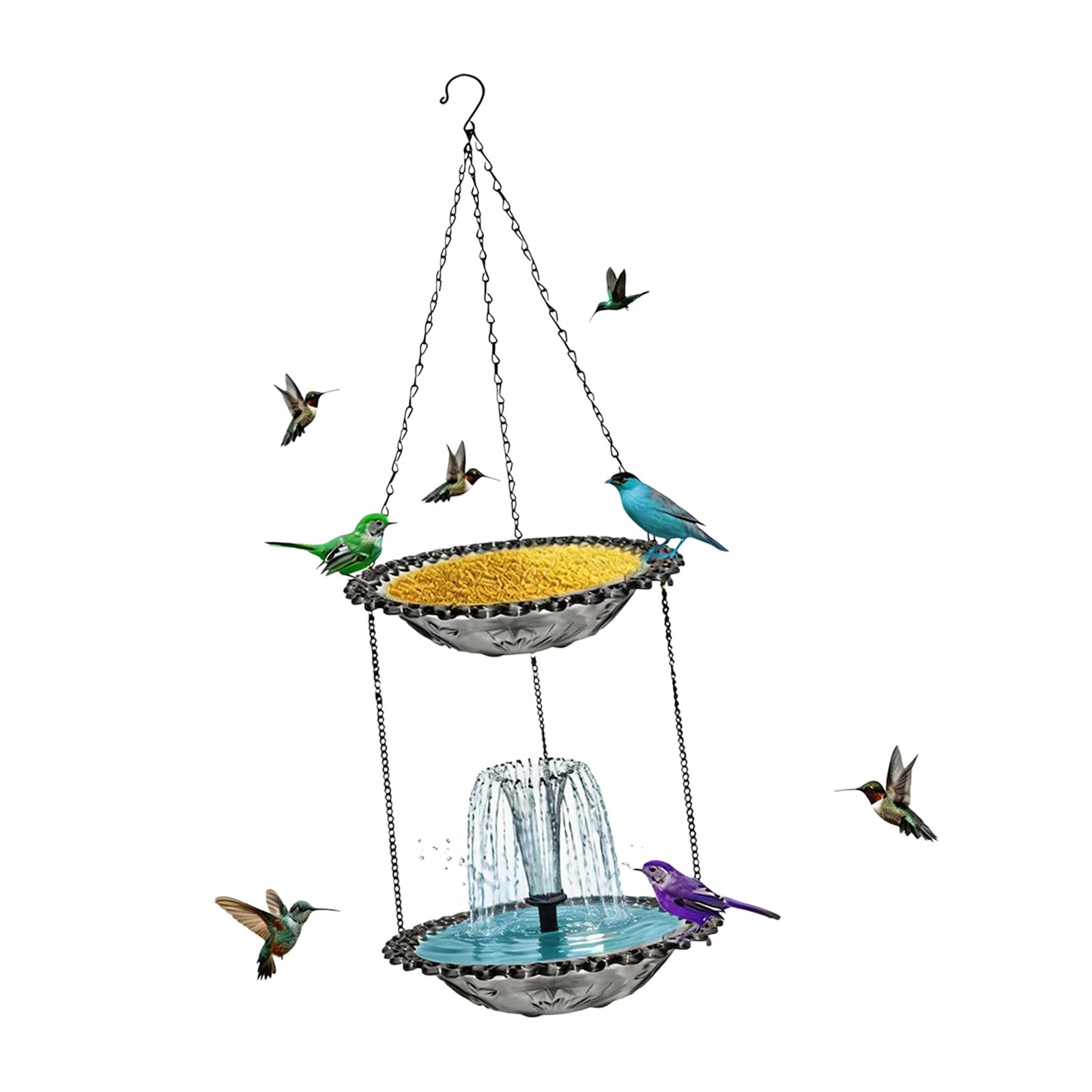 Hanging Solars Fountains Bird Feeder and Water Bath for Outdoor Gardens Double Layer Metal Construction Fountains Bird Feeder and Water Bath for Outdoor Gardens