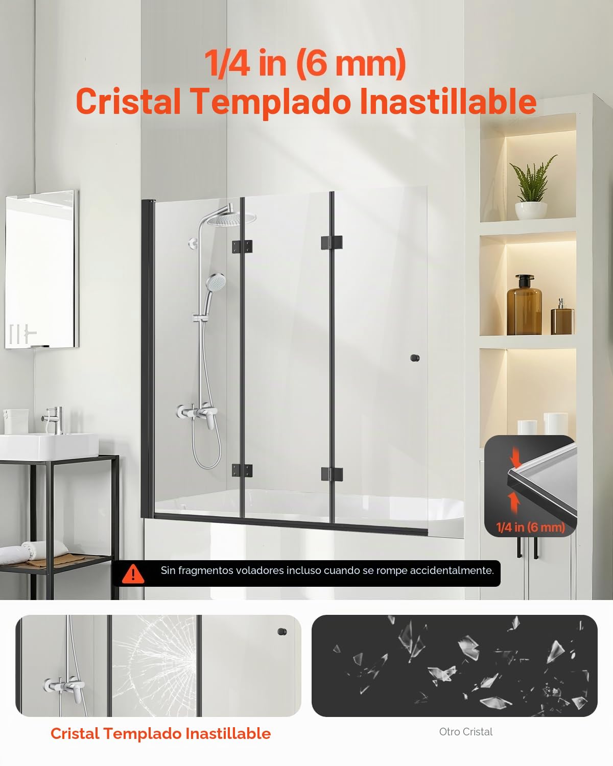 VEVOR Puerta de Ducha para Bañera 1295 x 1422 mm, Puerta de Ducha Plegable de Tres Pliegues sin Marco con Bisagras, Puerta de Vidrio Templado Giratoria de 180°, Grosor de Vidrio de 6 mm, Negro