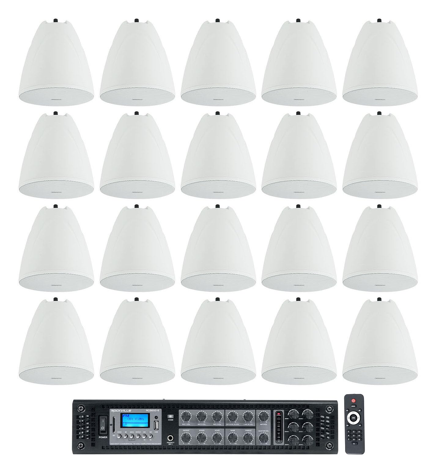 Rockville RCS650-6 650w 6 Zone Commercial/Restaurant Amplifier Bundle with (20) PEN-65T White 6.5" 70V Hanging Pendant Speakers