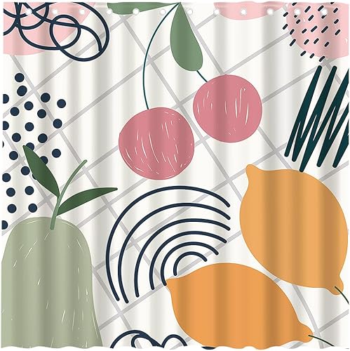 Bonita cortina de ducha de frutas, color rosa, cereza, verde, pera, amarillo, mango, decoración de baño, suministros de poliéster, impermeable, con