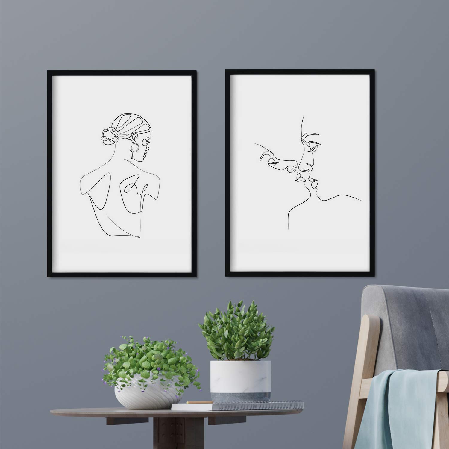 Nacnic - Poster Dibujo Arte Lineal Silueta Femenina y Beso Pareja - Impresión Artística Decorativa Trazo de Línea Blanco y Negro - Decoración Nórdica