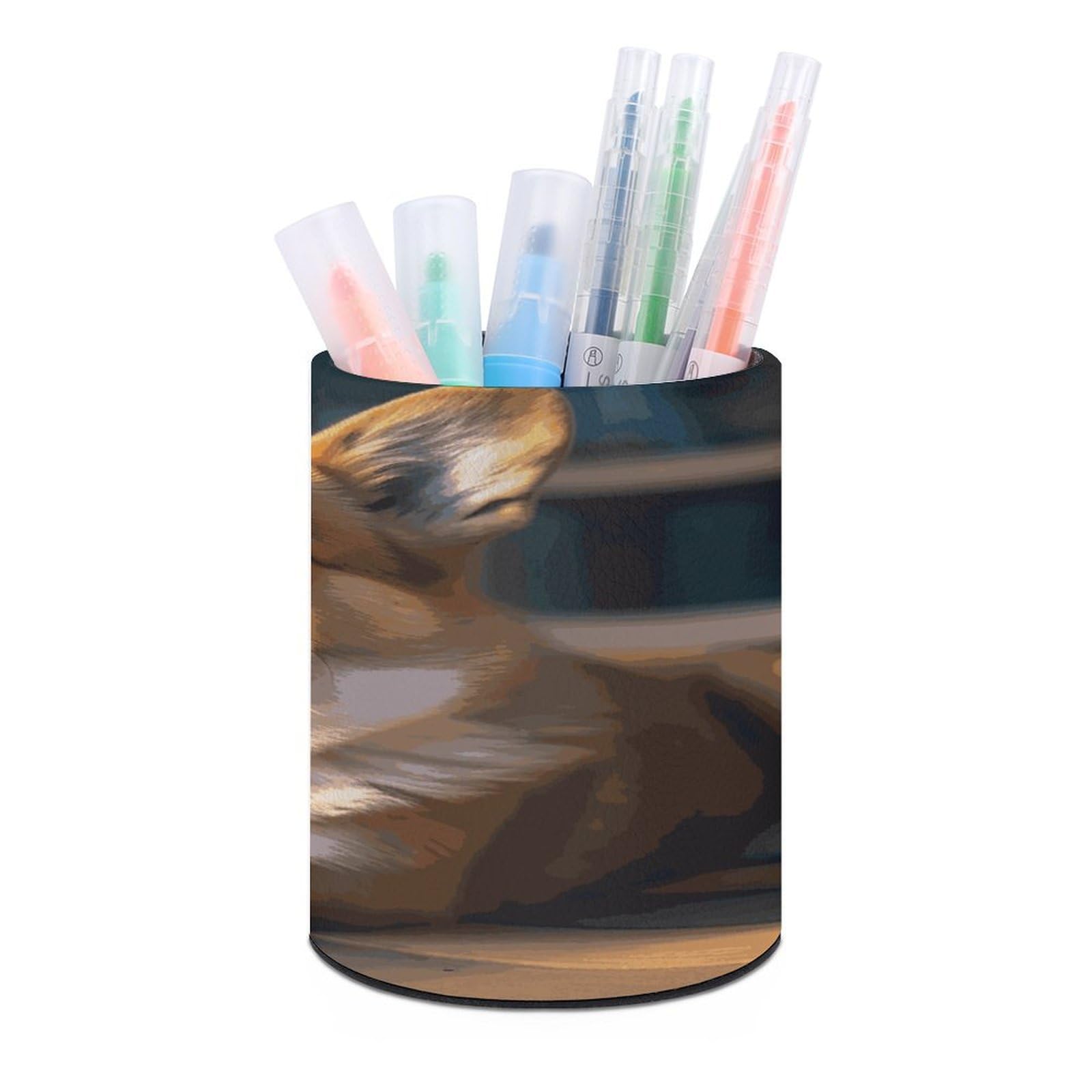 JTREHY Smart Corgi Pen Holder Round Pen Pencil Holder Makeup Brush Holders Cup PU Leather Pencil Cups Desktop Caddy Stationery Organizer Case Office Accessories Container Box