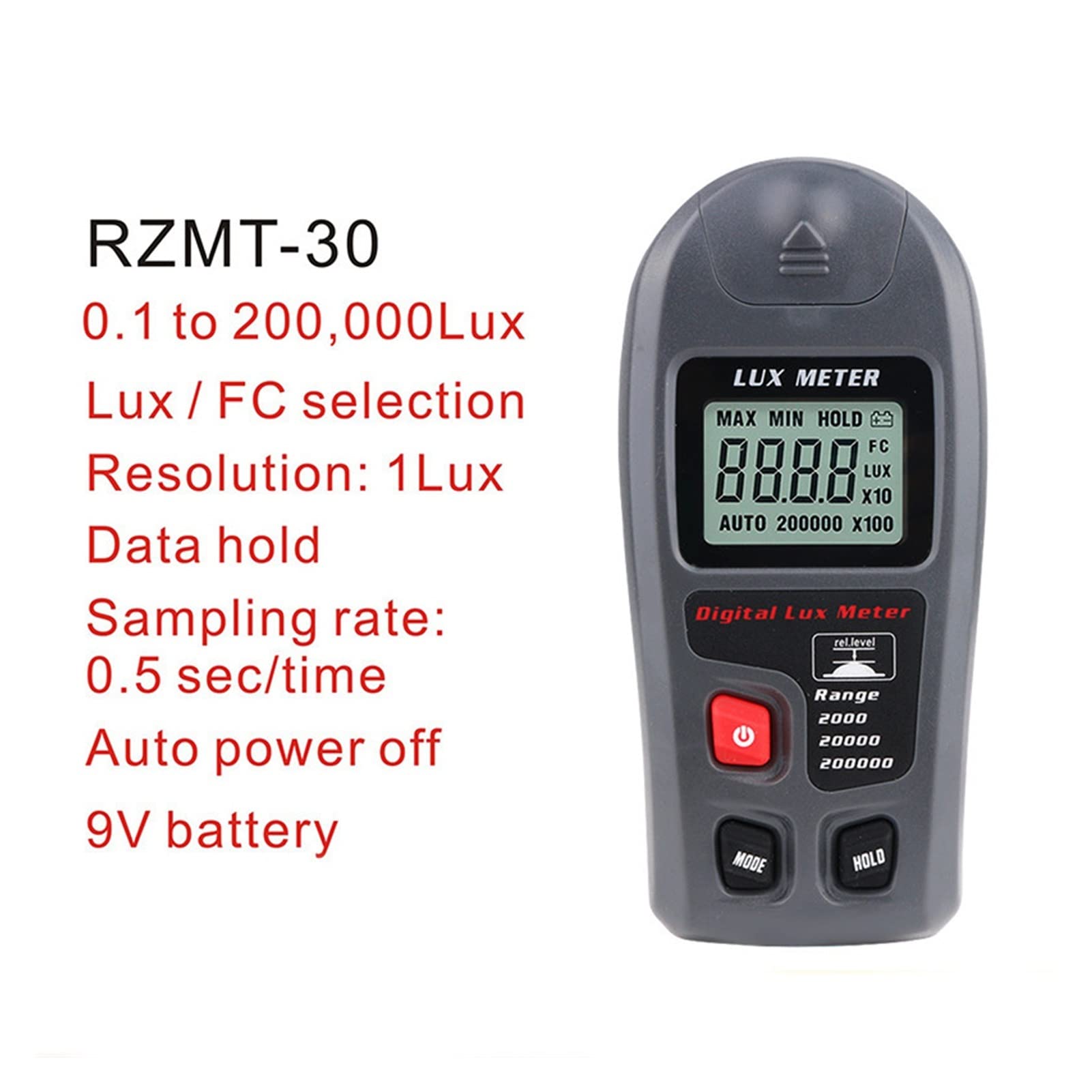 Cyfrowy luksomierz Lekki tester tester testu środowiskowego Miernik świateł 0~200 000LUX Range Pocket Design Meter Cyfrowy iluminator Ręczny Miernik temperatury otoczenia do ogrodu, wnętrz i fotogra
