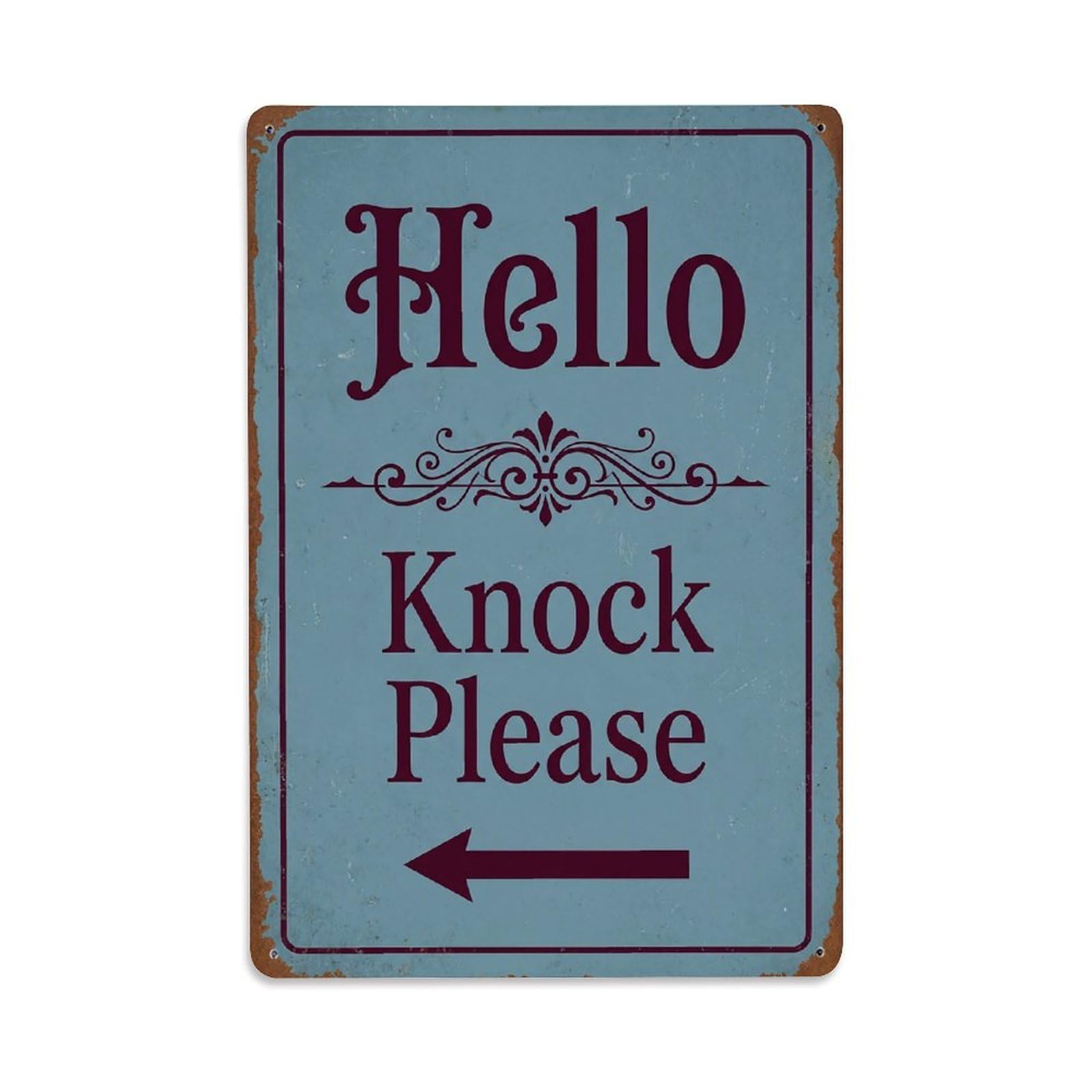 Vintage Hello Knock Please Arrow Ornate Metal Tin Sign