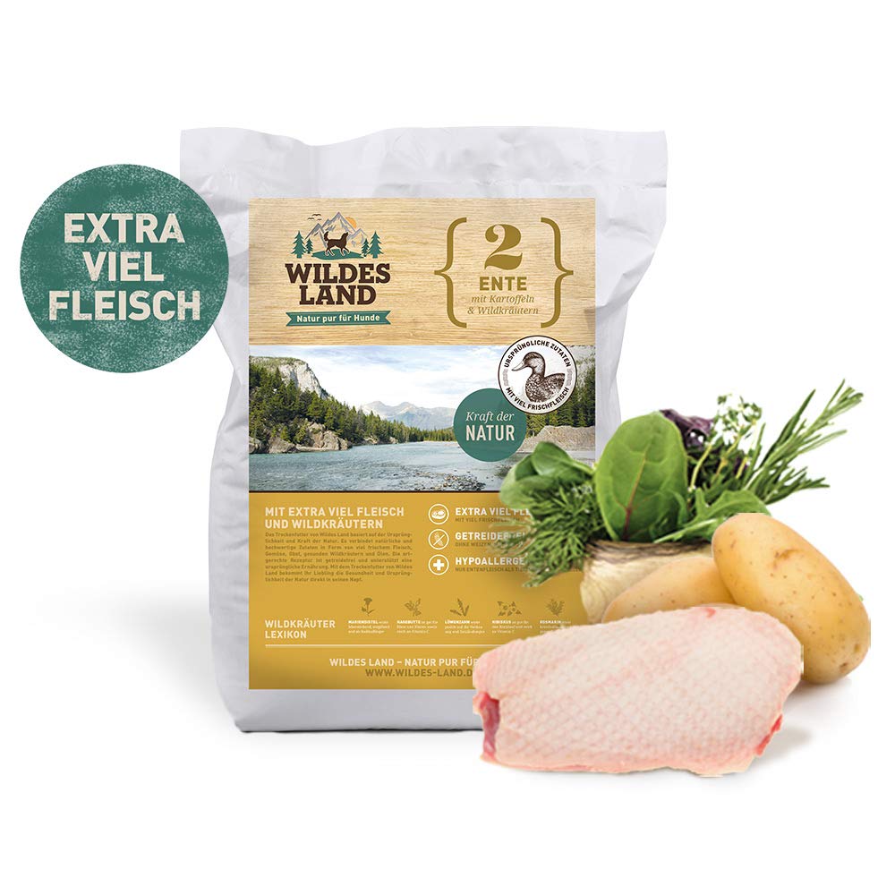 WILDES LAND – Ente | Trockenfutter mit extra hohem Fleischanteil und natürlichen Zutaten für ausgewachsene Hunde. Alleinfutter ohne Zusatzstoffe im Beutel | 12kg Ente