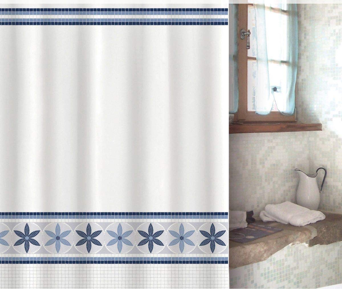 MSV "Olympe Polyester Shower Curtain, Blue/Multi-Colour, 180 x 200 cm, W 7.9" x L 11.8" (1 Panels)