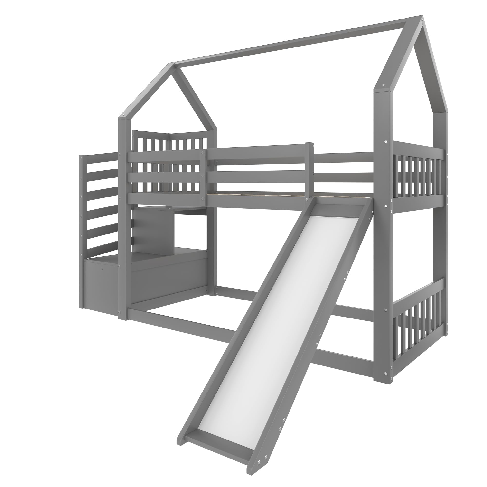 Etagenbett mit Stauraumtreppe und Rutsche, Hausbett(Ohne Matratze), Kinderbett mit Geländer, geeignet für Kinder, Jugendliche (Grau, 90X200cm)