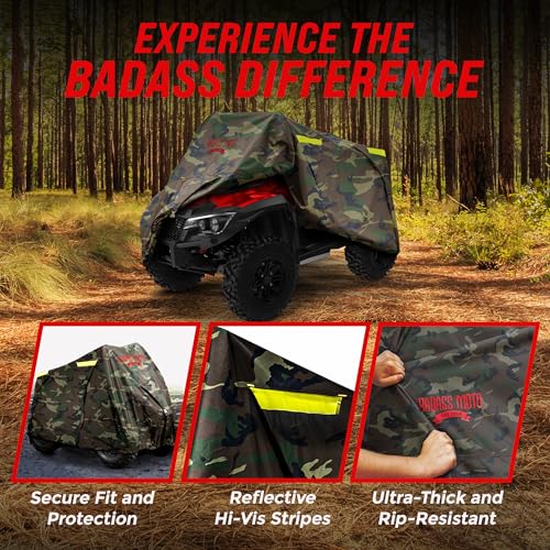 Image of Badass Moto Gear ATV Cover CAMO MEDIUM | Easy access zipper, camo four wheeler quad cover, fits ATVs like Polaris Sportsman 450 H.O, Suzuki KingQuad 400 & KFX 700