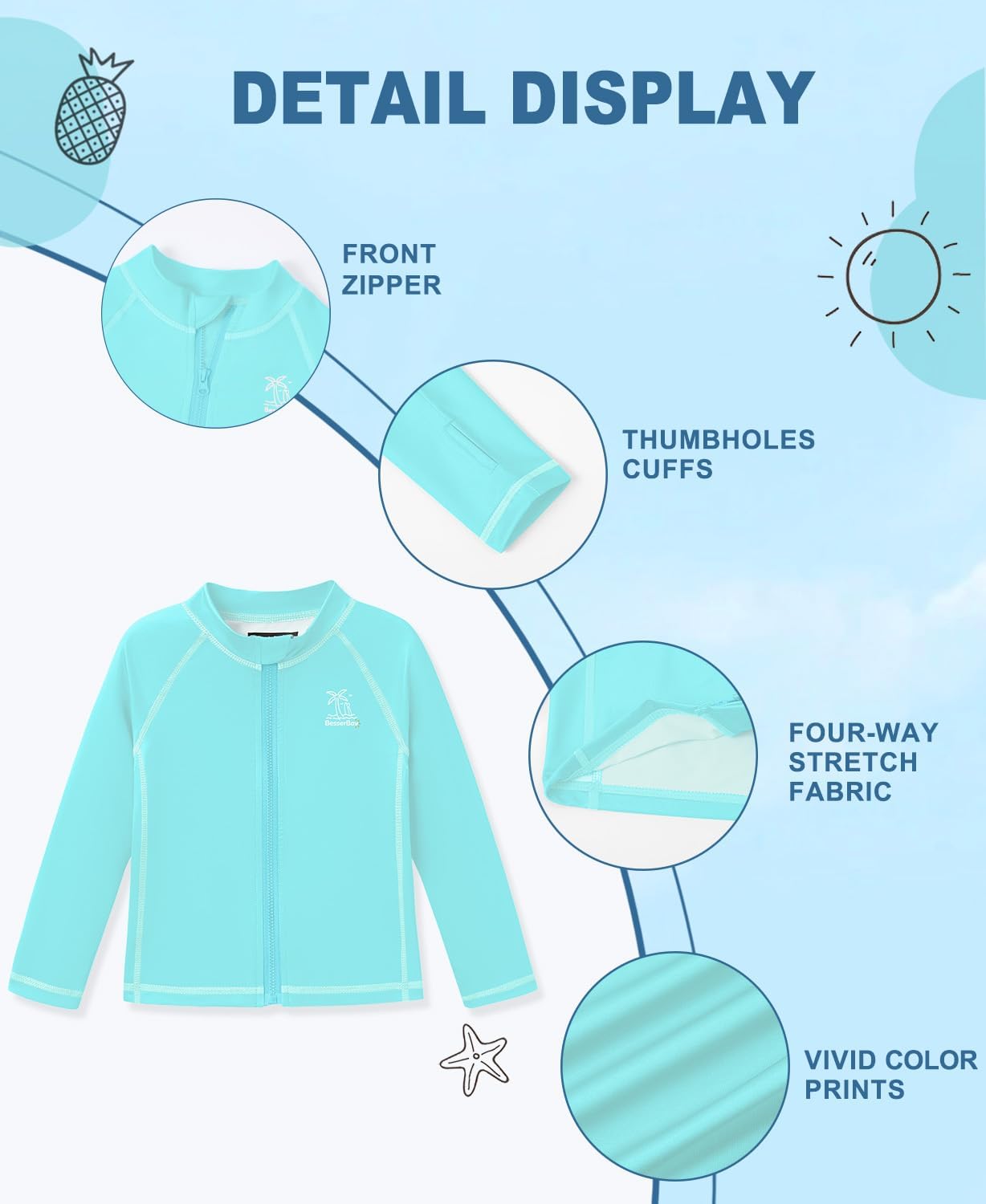 BesserBay Girls Rash Guard UPF 50+ Zip Up Raglan Long Sleeve Adjustable Drawstring Swim UV Jacket 4-14 Years - Image 5