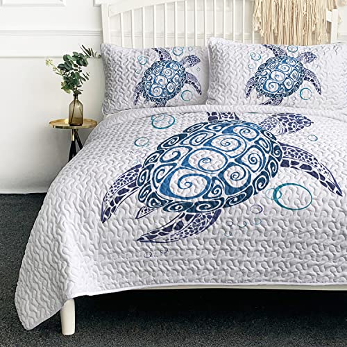 BlessLiving Sea Turtle Quilt Set Queen Size Blue - Summer Lightweight Bedspread - Teen Beach Turtle Pattern - Soft Kids Teen Bed Coverlet (Includes 1 Quilt, 2 Shams, size90 x90)