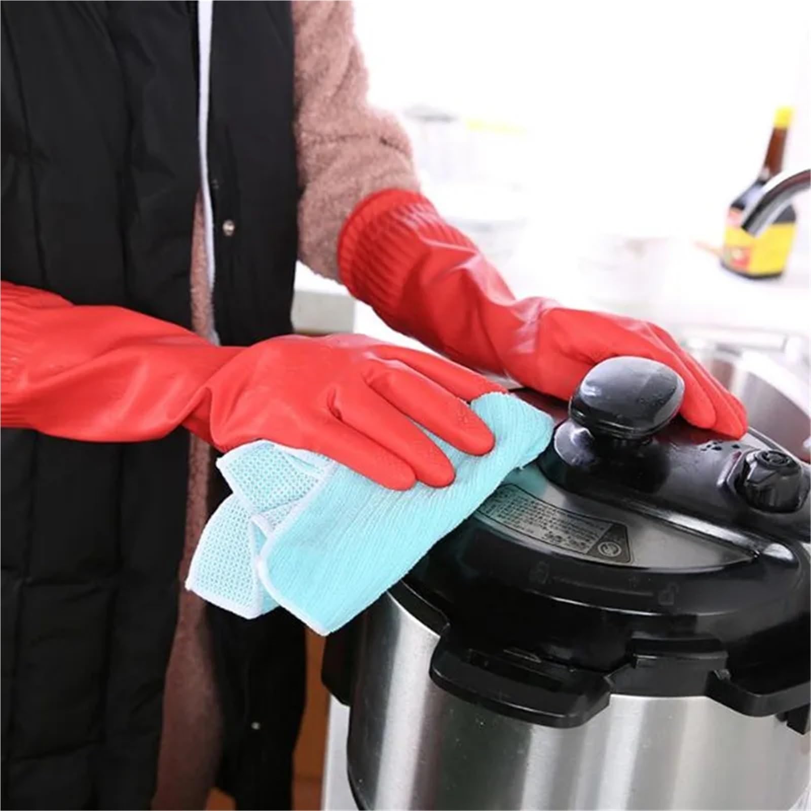 3 uds 38cm guantes for lavandería doméstica limpieza de cocina for lavar platos látex goma gruesa alargada antideslizante resistente al desgaste Para Cocina(Red)
