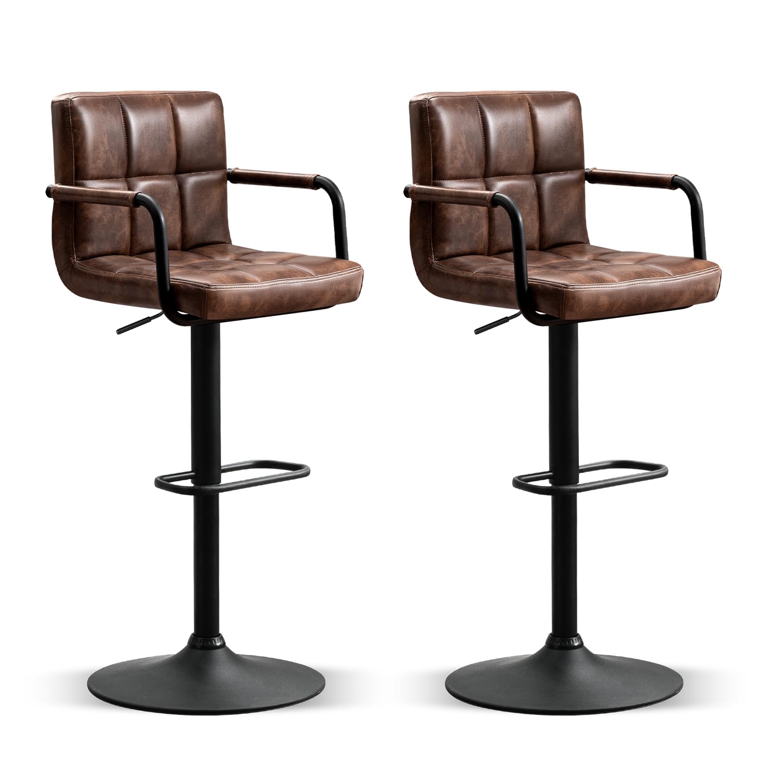 Furniliving Bar Stools Set of 2 with Back, Modern Square PU Leather Kitchen Stools with Armrest, Adjustable Counter Height Barstools for Kitchen Bar