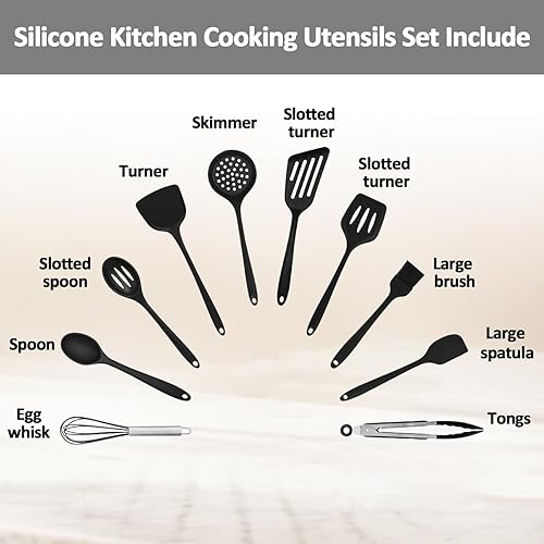 Miniatura 3 de Juego de utensilios de cocina de silicona, resistentes al calor de 446 F con espátula ranurada, pinzas, batidor, cucharas, espátulas, cepillo,