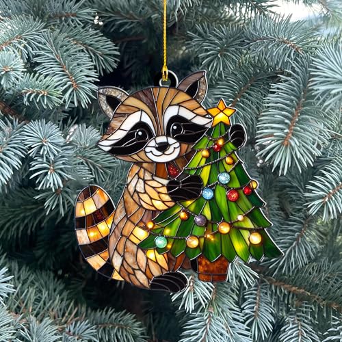 Raccoon Christmas Ornament – Acrylic Suncatcher Hanging Decor, Cute Raccoon Gifts for Men Women, Animal Xmas Ornaments, Rustic Woodland Xmas Decoration, Raccoon Lovers(Sun-25)
