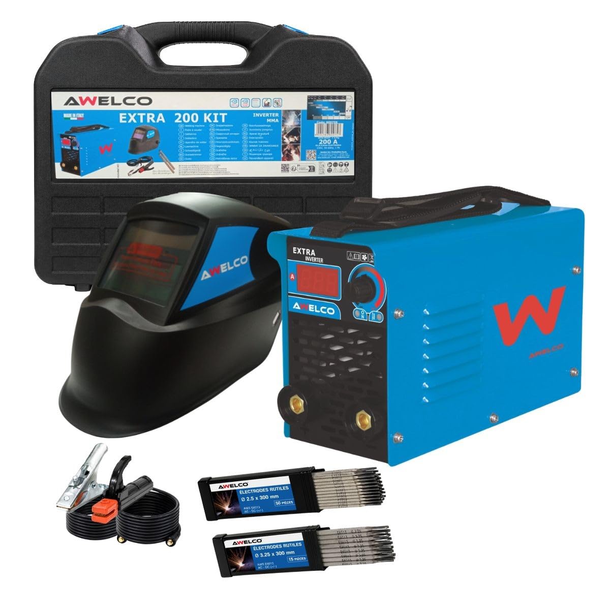 AWELCO – Kit soldador 200A Inverter MMA IGBT + Máscara de soldadura + 65 electrodos rutilos: Ø2,5 x 300 / Ø3,25 x 300 mm