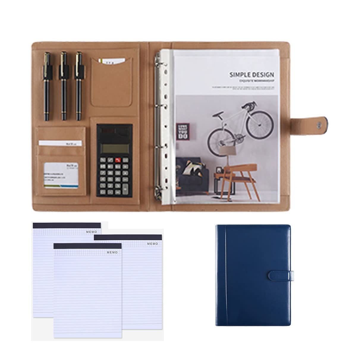 Porte Document A4 Portfolio Professionnelle Folder Conférence Dossier avec Calculatrice Bureau Organiseur pour Hommes Femmes Bloc Notes Rechargeable 25 Feuilles Lot De 3 (Color : Blue)