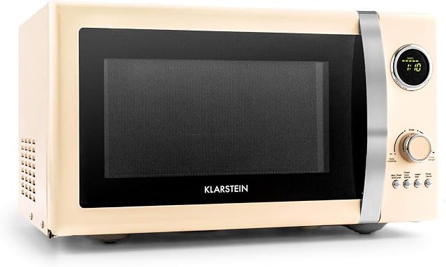 KLARSTEIN Fine Dinesty Retro Microwave Oven - Grill Function, Display Timer, 12 Programmes, 800W Microwave, 1000W Grill, 3 Defrost Levels, 23 l, Viewing Window, Cream