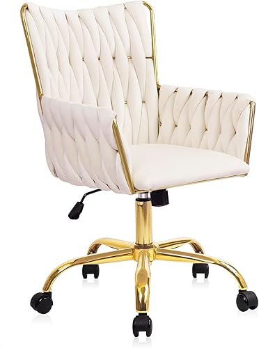 CLATINA Silla de tocador moderna de terciopelo cómoda, linda silla de niña con base dorada y ruedas, silla de escritorio giratoria ergonómica